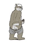 annoyed anthro black_nose bottomwear bottomwear_down brown_body brown_fur butt clothed clothing fur furgonomics grey_body grey_fur hat head_tuft headgear headwear holding_tail looking_at_viewer male partially_clothed presenting presenting_hindquarters shorts shorts_down simple_background slightly_chubby solo tail tuft underwear white_background heyitscousindave cousin_dave canid canine canis coyote mammal 3:4 hi_res