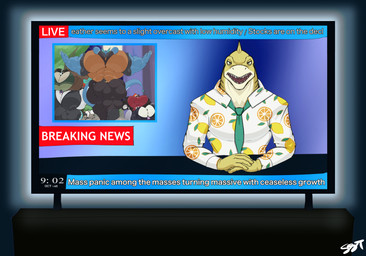 anthro big_bulge big_muscles body_size_growth bulge clothing electronics growth huge_bulge huge_muscles hyper hyper_bulge hyper_muscles male muscle_growth muscular muscular_male news news_report size_transformation solo television text tight_clothing transformation seaserpenttailor mythology aquatic avian bird demon dragon fish iguana iguanid lizard mythological_creature mythological_scalie reptile scalie shark e621_post_recursion english_text hi_res