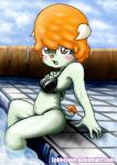 5_fingers anthro bikini biped blush clothing embarrassed female fingers hair horn leaning leaning_backward looking_at_viewer navel open_mouth red_nose shy sitting solo swimming_pool swimwear two-piece_swimsuit water yellow_eyes young cartoon_network the_amazing_world_of_gumball jamie_(tawog) bovid caprine mammal absurd_res hi_res watermark