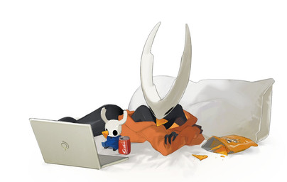 2_horns ambiguous_gender anthro bed beverage_can black_body bottomless chips_(food) clothed clothing computer duo eating eating_chips eating_food electronics food furniture holding_food_in_mouth holding_object_in_mouth hollow_eyes hoodie hoodie_only horn laptop long_horn looking_at_computer looking_at_laptop looking_at_object lying on_bed on_front pillow relaxing simple_background sitting size_difference topwear topwear_only white_background white_face milktea25424633 coca-cola doritos frito-lay hollow_knight_(franchise) team_cherry hollow_knight_(character) pure_vessel_(hollow_knight) the_knight_(hollow_knight) arthropod vessel_(species) 2026 chinese_description digital_drawing_(artwork) digital_media_(artwork)