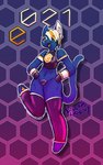 anthro blue_body clothing crop_top cuffs_(clothing) facial_markings gloves gradient_background handwear head_markings hexagon honeycomb_background legwear letters long_tail male markings mascot open_mouth pattern_background paws raised_leg shirt simple_background solo tail text thigh_highs topwear dawrklawst e621 esix hexerade felid feline mammal 5:8 hi_res watermark