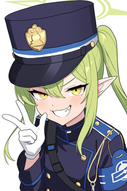 arms_bent belt blue_clothing blue_hat blue_headwear blue_shirt blue_topwear blush clothing fangs female flat_chested gesture gloves green_hair hair hair_between_eyes halo hand_gesture handwear hat headgear headwear long_hair looking_at_viewer narrowed_eyes pigtails pointy_ears prick_ears shirt simple_background smile teeth topwear whistle_(object) white_background white_clothing white_gloves white_handwear yellow_eyes young young_female young_humanoid tower_(artist) blue_archive nexon nozomi_(blue_archive) demon demon_humanoid humanoid absurd_res hi_res