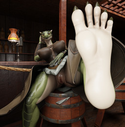 5_toes anthro bar barrel bottomless breasts claws clothed clothing feet female foot_fetish foot_focus genitals sitting toe_claws toes vulva imnotafurry4321 da.nilkaz_(modeler) bethesda_game_studios microsoft skyrim the_elder_scrolls deeja argonian scalie blender_(artwork) digital_media_(artwork)