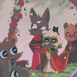 3_eyes ambiguous_anthro ambiguous_gender anthro blush bodily_fluids clothed clothed_ambiguous clothing dress duo_focus flower grass group holding_flower holding_object multi_eye plant smile tears wedding wedding_dress xamsdy cult_of_the_lamb massive_monster_(studio) lamb_(cult_of_the_lamb) narinder bear bovid caprine domestic_cat felid feline felis mammal sheep 1:1 2026 digital_drawing_(artwork) digital_media_(artwork) hi_res