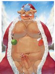 anthro balls belly blue_hair blush bodily_fluids brown_body brown_fur candy candy_cane candy_cane_in_urethra christmas_clothing christmas_headwear clothing dessert erection food foreskin fur genital_fluids genitals hair hat headgear headwear holidays improvised_sex_toy male musclegut muscular navel nipples ornament pecs penis precum santa_hat snow solo tusks urethral 10_cosmo_24 christmas lifewonders tokyo_afterschool_summoners ganglie_(tas) mammal suid suina sus_(pig) wild_boar hi_res