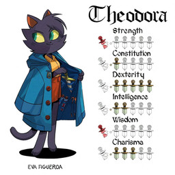 anthro barefoot black_body black_fur clothing coat dagger feet female fur lockpicking_tools melee_weapon potion solo text thief topwear weapon eva_figueroa dungeons_and_dragons hasbro wizards_of_the_coast theodora_(eva_figueroa) domestic_cat felid feline felis mammal 1:1 english_text