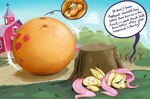 bloated blonde_hair cheek_bulge close_to_bursting clothing cowboy_hat expansion grass hair hat headgear headwear hill implied_popping inflation log motion_lines orange_body pink_hair plant purple_text speech_bubble text wood yellow_body featherhead friendship_is_magic hasbro my_little_pony applejack_(mlp) fluttershy_(mlp) 2020