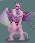 anthro blush bulge claws clothing horn jockstrap male muscular paws pecs purple_body purple_eyes shy solo tail underwear white_body wings snaftfc mythology dragon mythological_creature mythological_scalie scalie absurd_res hi_res