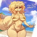 anthro beach bikini blonde_hair blush camel_toe clothing female floppy_ears fluffy fluffy_tail freckled_face freckles fur gold_bikini hair micro_bikini navel red_sclera sand seaside sky smile solo swimwear tail thigh_gap two-piece_swimsuit water wet wide_hips yellow_body yellow_fur carbonfloof mythology rose_(carbonfloof) canid canid_demon canine canis demon domestic_dog hellhound mammal mythological_canine mythological_creature 1:1 absurd_res hi_res