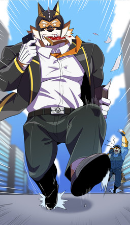 anthro bread clothing collared_shirt countershading dress_shirt duo eat_and_run eating food male mask muscular muscular_anthro muscular_male necktie running shirt suit superhero toast topwear grausummon lifewonders live_a_hero barrel_(live_a_hero) ryekie_(live_a_hero) canid canine canis felid mammal pantherine tiger wolf