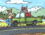 breasts car duo female text vehicle sketchywolf-13 general_motors gmc 8-track canid canine canis domestic_cat domestic_dog felid feline felis lynx mammal absurd_res english_text hi_res traditional_media_(artwork)