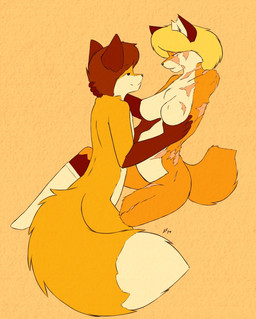 amputee anthro big_breasts black_nose blonde_hair blue_eyes breasts chest_tuft disability duo eye_contact female fluffy fluffy_tail fur hair holding_breast long_hair looking_at_another male male/female nude open_mouth orange_body orange_fur scar simple_background smile tail tuft wounded starfighter canid canine fox mammal 2014