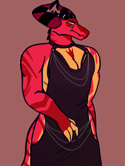 anthro chain claws clothed clothing concealing crossdressing dress embarrassed femboy feminization horn male red_body solo inhabitedartist hellaverse helluva_boss hollow_hip_backless_chain_dress mythology satan_(helluva_boss) demon dragon mythological_creature mythological_scalie scalie 3:4 absurd_res hi_res