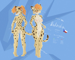 4_toes 5_fingers anthro back_tattoo bracelet breasts butt chest_tattoo clock colored_nails czech_flag feet female fingers front_view fur genitals hair jewelry nails navel navel_piercing nipple_piercing nipples orange_eyes orange_eyeshadow orange_hair piercing pubic_tattoo rear_view ring_(jewelry) spots standing tail tattoo text toes vulva watch yellow_body yellow_fur radimcatt natasha_(radimcatt) cheetah felid feline mammal 5:4 absurd_res english_text hi_res model_sheet