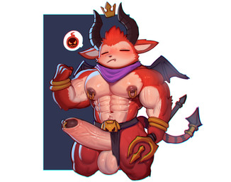abs arm_ring athletic athletic_male biceps blush erection eyes_closed foreskin fur genitals horn male melee_weapon membrane_(anatomy) membranous_wings muscular muscular_male muscular_thighs nipple_piercing nipples pecs penis piercing polearm red_body red_fur solo spade_tail tail trident vein veiny_arms veiny_muscles veiny_penis weapon wings cydonia_xia devil_teemo_(lol) demon humanoid absurd_res hi_res