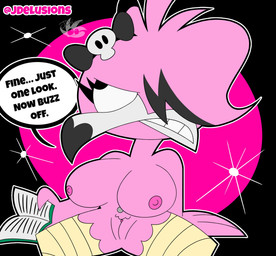 annoyed anthro beak big_breasts black_eyes book bow_accessory bow_ribbon breasts dialogue eyelashes eyeshadow female genitals grey_eyeshadow holding_object huge_breasts makeup navel navel_piercing nipples non-mammal_breasts non-mammal_nipples nude nude_anthro nude_female piercing pink_body pink_nipples simple_background solo speech_bubble teeth text thick_thighs vulva wide_hips jdone book_covering_breasts flamma avian bird flamingo 2025 digital_media_(artwork) english_text hi_res meme