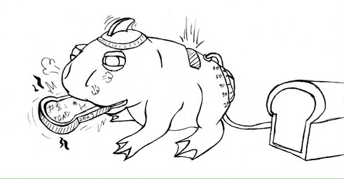 ambiguous_gender appliance bread cable feral food kitchen_appliance loaf motion_lines narrowed_eyes number quadruped solo squint steam timer toaster year m3g4 inktober amphibian frog toad_(frog) 2023 absurd_res hi_res line_art monochrome traditional_media_(artwork)