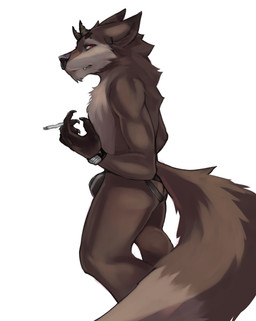 anthro bulge cigarette clothing ear_piercing ear_ring eyebrow_piercing facial_piercing horn jockstrap looking_at_viewer male nose_piercing piercing red_eyes ring_piercing septum_piercing simple_background smile smoking solo standing teeth underwear white_background doofwuff mythology herrmoki_(character) canid canine canis demon mammal mythological_canine mythological_creature werecanid werecanine werecreature werewolf wolf