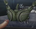 3_fingers anthro anus balls bed blue_eyes butt duo erection faceless_character faceless_male fingers furniture genitals grey_body imminent_sex legs_up looking_at_genitalia looking_at_penis lying machine male male/male on_back penis spread_legs spreading brouva bioware electronic_arts mass_effect legion_(mass_effect) alien geth human humanoid mammal robot 5:4 absurd_res hi_res