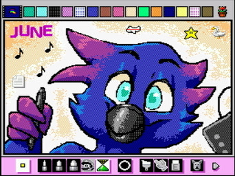 aircraft airplane ambiguous_gender anthro beak blue_body blue_feathers digital_pen drawing_tablet feathers hair musical_note musical_symbol paper pen purple_hair screencap simple_background solo star symbol text vehicle rodricoro mario_paint nintendo june_(bouncykauda) anatid anseriform anserine avian bird goose digital_media_(artwork) dithering mario_paint_(artwork)