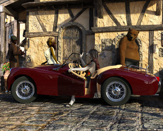 anthro black_body black_hair black_skin breasts car claws clothing dress female floral_clothing fur gesture green_body green_skin grey_body grey_fur hair hand_gesture hat headgear headwear male medium_breasts overweight overweight_male thumbs_up vehicle village waving white_body white_fur yellow_body yellow_fur chadotexas mythology bear canid canine human mammal mythological_canine mythological_creature troll_(mythology) werecanid werecanine werecreature werewolf 3d_(artwork) 5:4 digital_media_(artwork) hi_res