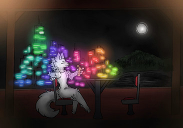 anthro beverage building city city_background drinking_straw eyes_closed fluffy food forest forest_background fruit fur furniture ice lemon male moon nature nature_background neon neon_lights paws plant restaurant skyscraper solo table tree white_body white_fur darthnear gunsaw gunsawian milky_(gunsaw) hi_res