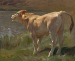 anus detailed_background feral male open_mouth outside raised_tail realistic realistic_feral solo standing tail rudolph_koller bovid bovine cattle mammal 1871 19th_century ancient_art hi_res painting_(artwork) traditional_media_(artwork)