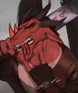 anthro biped clothed clothing devil_horns_(gesture) eyebrows fingerless_gloves fully_clothed gesture gloves hand_gesture handwear horn jacket male red_body shirt solo teeth topwear kogito bovid caprine caprine_demon demon mammal absurd_res digital_media_(artwork) digital_painting_(artwork) half-length_portrait hi_res painting_(artwork) portrait