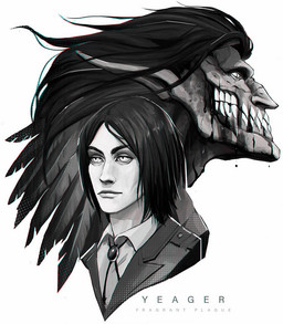 blood bodily_fluids clothing feathers formal_wear humanoid_pointy_ears jewelry male pendant pointy_ears sharp_teeth shirt simple_background teeth text topwear white_background white_clothing white_shirt white_topwear fragrantplague attack_on_titan eren_jaeger human humanoid mammal titan_(attack_on_titan) 2021 black_and_white english_text headshot_portrait monochrome portrait