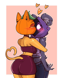 anthro black_bottomwear black_choker black_clothing black_jewelry black_latex black_necklace black_skirt black_topwear blush bottomwear breasts choker clothed clothed_anthro clothed_female clothing colored_nails denim denim_bottomwear denim_clothing duo ear_piercing female female/female fishnet_clothing fishnet_leggings fishnet_legwear for_a_head fur glowing glowing_eyes grey_body grey_fur heart_symbol hood jeans jewelry kissing latex latex_bottomwear latex_clothing latex_skirt leaf leaf_hair leggings legwear lipstick makeup nails necklace orange_body orange_fur pants piercing plant plant_hair pseudo_hair pumpkin_head purple_eyes red_lipstick red_nails skirt tail topwear zevulpes epic_games fortnite raven_team_leader spice_(fortnite) bear domestic_cat felid feline felis mammal object_head 2025 hi_res