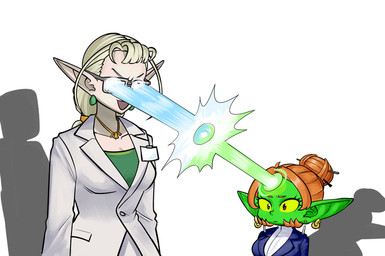 >:d big_forehead blinking duo ear_piercing ear_ring eye_beam eyewear female glasses green_body green_skin humanoid_pointy_ears humor jewelry necklace not_furry piercing pointy_ears ring_piercing simple_background white_background yellow_sclera epilepsy_warning mario-grant elf_supervisor_(mario-grant) ms._nasbh'ke_(mario-grant) elf goblin humanoid 2026 animated