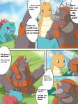 3:4 bulbasaur chigiri comic dialogue digital_media_(artwork) dragon dragonite elemental_creature english_text feral flora_fauna generation_1_pokemon generation_4_pokemon group hi_res horn ivysaur male mammal membrane_(anatomy) membranous_wings mythological_creature mythological_scalie mythology nintendo orange_body orange_skin outside plant pokemon pokemon_(species) rhinoceros rhyperior scalie sky sun text wings