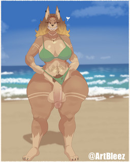 3_toes 5_fingers anthro balls beach big_balls big_breasts big_penis bikini blonde_hair border breasts cleavage clothed clothing cloud cross cross_necklace crossgender ear_piercing ear_ring eyebrows eyelashes feet fingers ftg_crossgender fti_crossgender genitals green_bikini green_clothing green_swimwear gynomorph hair half-closed_eyes half-erect heart_symbol huge_penis intersex jewelry long_hair looking_at_viewer narrowed_eyes necklace outside penis piercing pubes ring_piercing sand seaside sky smile solo swimwear teeth text thick_thighs toes twitter_handle two-piece_swimsuit voluptuous_gynomorph water white_border wide_hips bleez_art arely_(bleez_art) canid canine canis dobermann domestic_dog mammal pinscher 2026 artist_name hi_res
