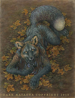 anthro autumn biped black_body black_fur braided_hair brown_body brown_fur claws dipstick_tail ear_piercing feet fluffy fluffy_tail front_view fur hair high-angle_view inner_ear_fluff jewelry leaf looking_at_viewer looking_up lying male markings mullet multicolored_tail necklace nude on_front photorealism piercing realistic solo tail tail_markings tuft yellow_eyes dark_natasha canid canine fox mammal 2010