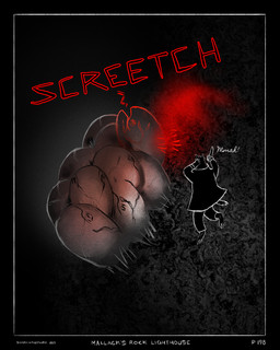 3_toes anthro black_background blood bodily_fluids border bottomwear clothing coat collared_jacket covering covering_ears feet jacket knife male pants screaming simple_background solo sound_effects tail toes topwear tumor sharkinthepark maccaw_(sharkinthepark) avian bird owl 2025 absurd_res comic greyscale hi_res monochrome