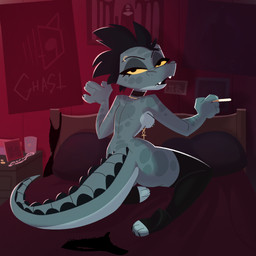 ankh ankh_necklace anthro bed bedroom big_butt biped breasts butt choker cigarette clothing countershade_torso countershading detailed_background eyebrow_piercing eyelashes facial_piercing female furniture half-closed_eyes holding_cigarette holding_object jewelry kneeling kneeling_on_bed leaning leaning_forward long_tail looking_at_viewer looking_back looking_back_at_viewer markings mohawk mostly_nude_female narrowed_eyes necklace nipple_piercing nipples non-mammal_breasts non-mammal_nipples on_bed panties piercing poster_(object) rear_view small_breasts small_waist solo spots spotted_body tail thick_eyelashes thick_tail toeless_thigh_highs underwear wide_hips yellow_sclera pusszone night_in_the_woods bea_santello crocodile crocodilian reptile scalie 1:1 2026 hi_res
