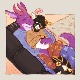 andromorph anthro belly_blush belly_rub bite_mark bite_mark_on_neck black_body black_fur blush body_blush clothed clothing clothing_lift cuddling detailed_background duo ear_piercing exposed_belly feet frill_(anatomy) fur furniture gold_(metal) gold_jewelry golden_markings golden_pawpads hand_on_hip horn intersex jewelry kissing_cheek male male/male matching_clothing multicolored_body multicolored_fur navel notched_ear on_sofa one_eye_closed onomatopoeia orange_horn pajamas piercing pregnant pregnant_andromorph pregnant_intersex purple_body purple_scales rug scales shirt shirt_lift size_difference smile sofa sound_effects text topwear two_tone_body two_tone_fur shipupp fuzzysmore_(character) goldycat domestic_cat felid feline felis kobold mammal scalie absurd_res hi_res