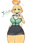 anthro blonde_hair breasts cardigan clothed clothing female fur green_eyes hair looking_at_viewer simple_background solo tail yellow_body yellow_fur togetoge animal_crossing nintendo isabelle_(animal_crossing) canid canine canis domestic_dog mammal shiba_inu spitz 2023 character_name hi_res