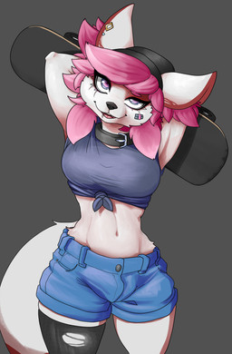 anthro bandage beanie black_beanie black_clothing black_collar black_hat black_headwear blue_clothing blue_shirt blue_topwear bottomwear clothed clothing collar denim denim_bottomwear denim_clothing denim_shorts eyelashes facial_tuft female front_view fur hair hands_behind_head hat headgear headwear looking_up navel open_mouth piercing pink_eyes pink_hair shirt shorts simple_background skateboard smile soft_abs solo standing tied_shirt topwear tuft v-cut vehicle white_body white_fur mangomaverick epic_games fortnite kimiko_five-tails canid canine fox mammal absurd_res hi_res