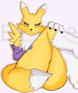 :3 anthro armwear barely_visible_genitalia barely_visible_vulva bedroom_eyes black_sclera blue_eyes bridal_gauntlets claws clothing dipstick_ears dipstick_tail ear_markings female fur genitals leg_markings legs_together legs_up looking_at_viewer markings multicolored_ears narrowed_eyes nude nude_anthro nude_female pink_background seductive simple_background socks_(marking) solo tail tail_covering_crotch tail_markings thick_thighs vulva white_body white_fur yellow_body yellow_fur eclypsea bandai_namco digimon digimon_(species) renamon 5:6 hi_res