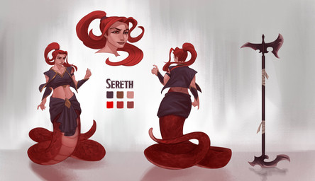 apode axe clothed clothed_female clothed_humanoid clothing color_swatch female female_humanoid front_view hair legless long_hair mouth_closed rear_view red_body red_eyes red_hair red_scales scales serpentine solo split_form text edvardiko draconcopode humanoid lamia reptile scalie snake absurd_res character_name english_description hi_res model_sheet