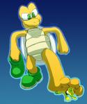 3_toes anthro beak blue_background claws clothing duo eyes_closed feet footwear gradient_background green_eyes macro male micro shoes simple_background size_difference stomping toe_claws toes underfoot yellow_body ben_the_dragon mario_bros nintendo koopa koopa_troopa reptile scalie yellow_yoshi yoshi 2013 5:6 hi_res