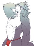 abs anthro asian_clothing black_nose body_hair chest_tuft clothed clothing countershade_face countershade_legs countershade_torso countershading east_asian_clothing facial_hair fundoshi fundoshi_only fur goatee grey_body grey_facial_hair grey_fur grey_hair grey_nipples hair hand_behind_head happy_trail japanese_clothing long_hair looking_up male mature_anthro mature_male muscular muscular_anthro muscular_male navel nipples pecs pubes red_clothing red_fundoshi red_underwear sideburns simple_background solo topless tuft underwear underwear_only white_background white_body white_countershading white_fur run_aki fundoshi's_day morenatsu mitsuhisa_aotsuki canid canine canis domestic_dog husky mammal nordic_sled_dog spitz 2023 3:4 colored hi_res