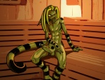 5_fingers abs anthro dreadlocks erection fingers genital_piercing genitals green_pseudo_hair humanoid_hands male markings nude penis penis_piercing piercing prince_albert_piercing pseudo_hair sauna solo spread_legs spreading tail gekk0 gekko_(character) c_line_kishin kishin_(gekk0) lizard reptile scalie