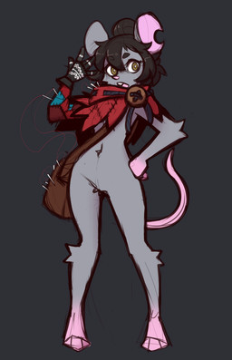 3_toes 5_fingers anthro bag barefoot biped black_hair bottomless brown_eyes buckteeth button_(fastener) clothed clothed_anthro clothed_female clothing eyebrow_through_hair eyebrows featureless_crotch feet female fingers front_view fur gloves grey_background grey_body grey_fur hair handwear looking_aside looking_at_viewer medium_hair notched_ear one_glove open_mouth patchwork_clothing paws pink_feet pink_inner_ear pink_nose pink_paws pink_tail pose prosthetic prosthetic_arm prosthetic_limb rope sewing_needle shoulder_bag simple_background solo standing tail teeth thread toes tongue translucent translucent_hair mewgle stitch_(mewgle) animate_inanimate hybrid mammal mouse murid murine rodent 2025 colored digital_drawing_(artwork) digital_media_(artwork) hi_res