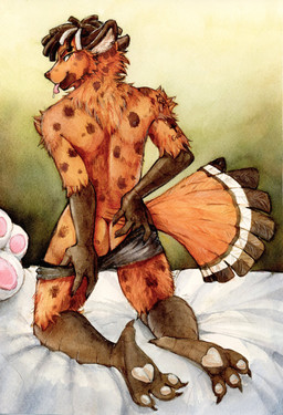 anthro arm_tuft avian_feet black_briefs black_clothing black_underwear briefs brown_body brown_feathers brown_fur brown_hair butt cheek_tuft closed_smile clothed clothing clothing_aside dreadlocks facial_tuft feathers fur gloves_(marking) hair kneeling leg_markings male markings mouth_closed multicolored_body multicolored_feathers neck_tuft orange_body orange_feathers orange_fur rear_view shoulder_tuft skimpy smile socks_(marking) solo spots spotted_body spotted_fur tail tail_feathers tuft underwear underwear_aside underwear_only unsigned white_body white_feathers white_hair akatan_art avian hybrid hyena mammal spotted_hyena full-length_portrait hi_res portrait traditional_media_(artwork)