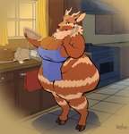 anthro appliance apron apron_only big_breasts biped bowl breasts brown_body brown_fur clothing cloven_hooves container cooking domestic_scene female food fur hooves horn kitchen kitchen_utensils mostly_nude multicolored_body multicolored_fur obese obese_anthro obese_female overweight overweight_anthro overweight_female pancake solo stove striped_body striped_fur stripes tools two_tone_body two_tone_fur unguligrade whisk window greasymojo cinnamon_(wackywalrus270) antelope bongo_(antelope) bovid bovine mammal spiral-horned_antelope absurd_res hi_res