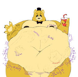 abdominal_bulge anthro belly big_belly bow_tie clothing fur hat headgear headwear huge_belly male male_pred overweight overweight_male prey_outline rumbling_stomach same_size_vore struggling struggling_prey top_hat vore yellow_body yellow_fur rockaus15 five_nights_at_freddy's scottgames golden_freddy_(fnaf) bear mammal absurd_res hi_res