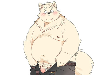 anthro belly blush bottomwear clothing genitals kemono male moobs navel overweight overweight_male pants penis simple_background solo standing surprised inunoshippo canid canine canis domestic_dog mammal 2026 hi_res