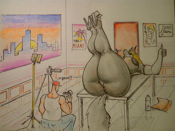 anthro anus big_butt butt camera clothed clothing duo female genitals gesture hand_gesture huge_butt larger_female legs_up lying male nipples nude on_back size_difference smaller_male thick_thighs thumbs_up vulva boysa_228 canid canine human mammal 4:3 hi_res